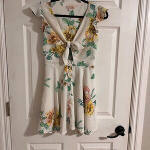 GB Floral Tie-Front Mini Dress Ruffle‎ Sleeves Button Down XS